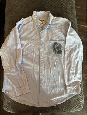 Vintage Protest Mens Size Medium Button Front Denim Shirt Blue Indian Chief Head